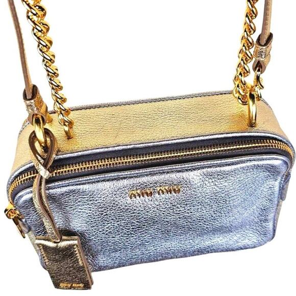 MIU MIU Metallic Silver and Gold Leather Crossbody Camera Bag Chain Strap Rare - Picture 7 of 16